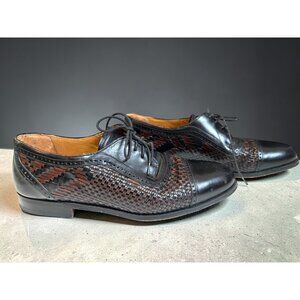 Peter Huber Italian Leather Oxford Shoes Black  Brown Woven Cap Toe Men Size 7.5